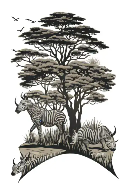 African Savannah With Rhinoceros Zebra Giraffe Tree Pond