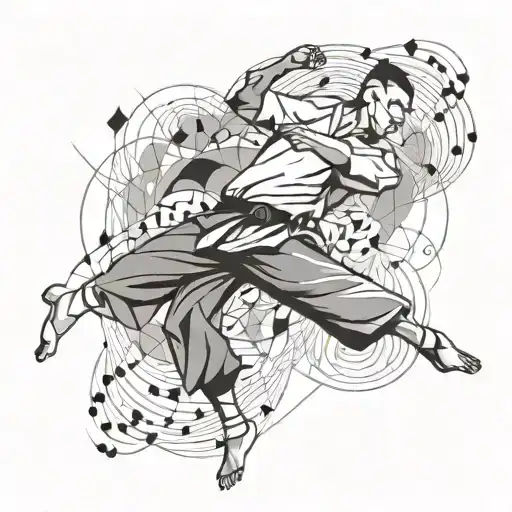 A Martial Artist Performing A Powerful Kick With Music Notes Swirling Around Them