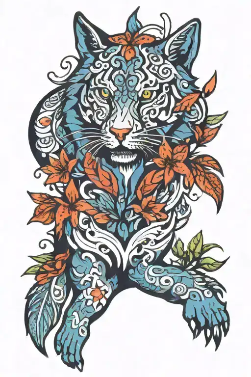 Mixture Of Blue And Red Tiger Lily With Mendhi Designs And Wolf