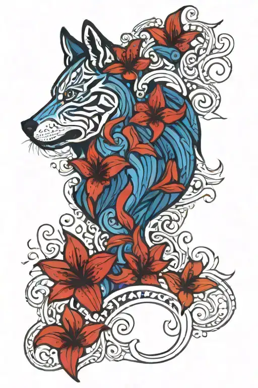 Mixture Of Blue And Red Tiger Lily Flower With Mendhi Designs And Wolf