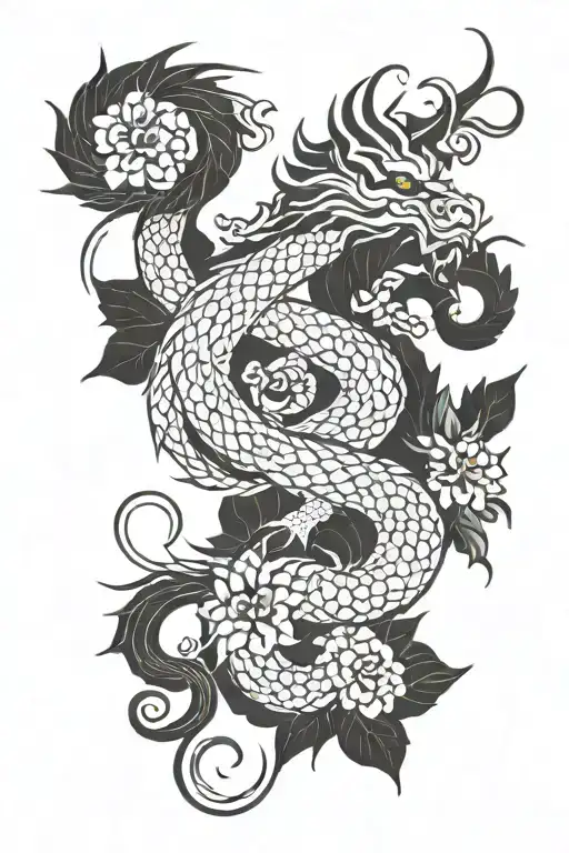 Asian Dragon Wrapping Lili Flowers Surrounded