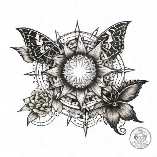 A Spine Tatoo With A Sun And Lilys & Butterflys