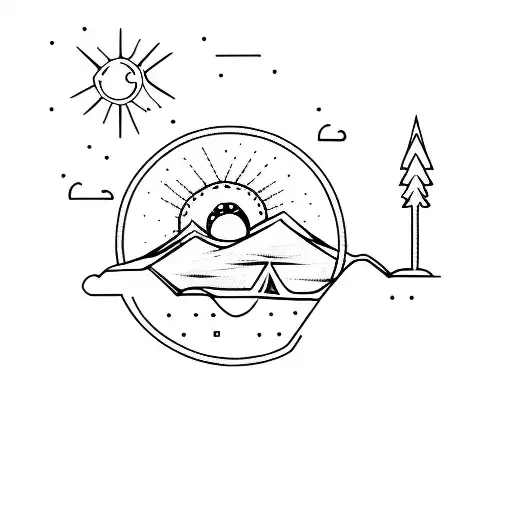 A Tent With A Sun Over A Mountainous Forrest Area