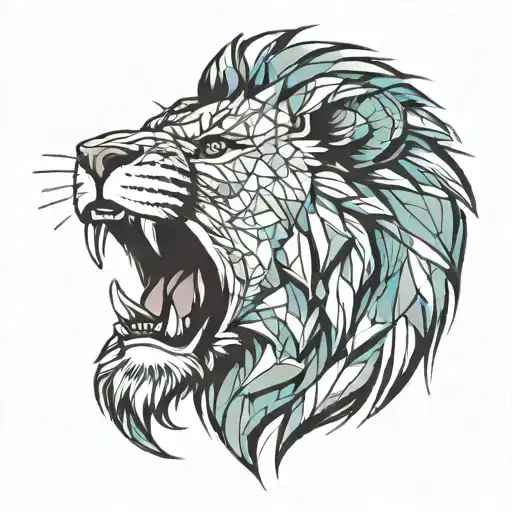 Masculine Roaring Mouth Open Teeth Geometric Lion Head To The Side With Water Color Effect