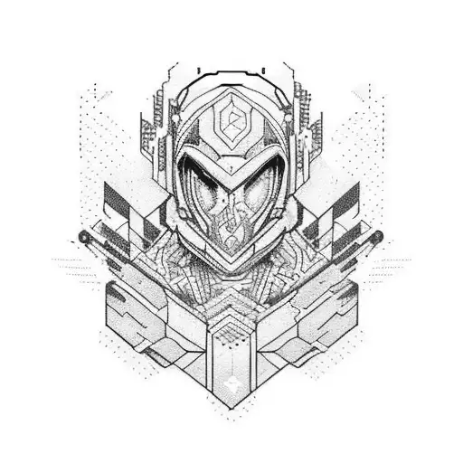 A Pixelated Video Game Character With Abstract Lettering Intertwined