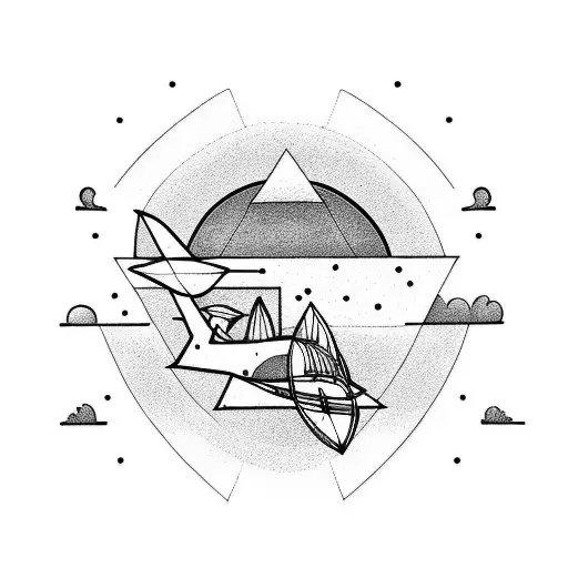 A Minimalist Tattoo Of A Beach Scene With A Spaceship Soaring Through The Sky