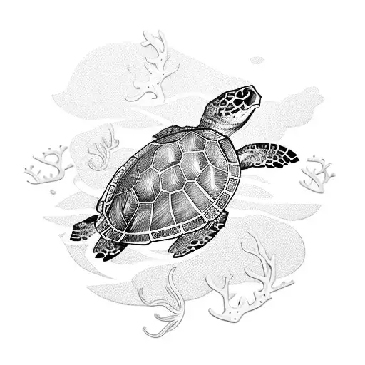 A Majestic Blackwork Tattoo Of A Graceful Sea Turtle Swimming Among Vibrant Coral Reefs