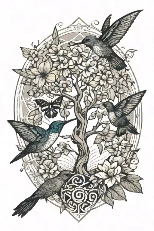 Tree Of Life With Hummingbird And Butterfly And Flower