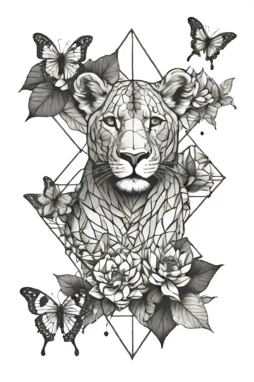 A Lioness Surrounded By Butterflies And Lotus Flower