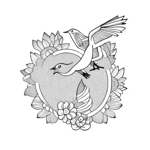 A Minimalist Tattoo Of A Bird Rising From A Bed Of Colorful Flowers