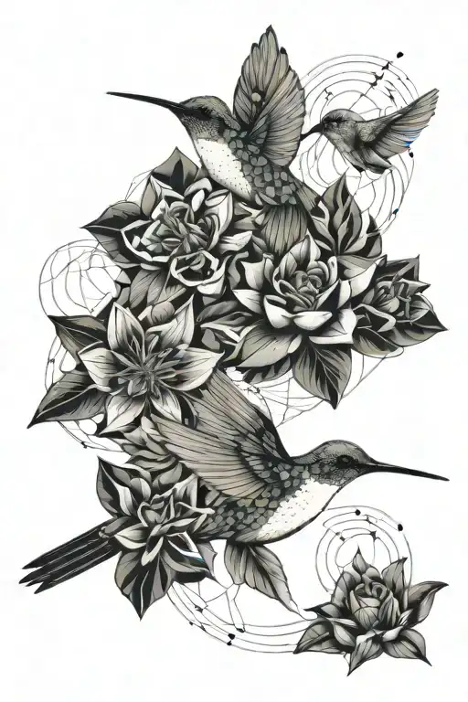 Humming Bird With Flowers And Shapes Inspired