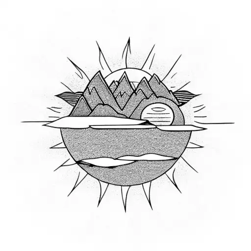 Mountains With Sun And Water In A Circular Shape