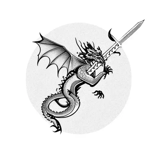 Dragon With Sword With Flowers With Lightning