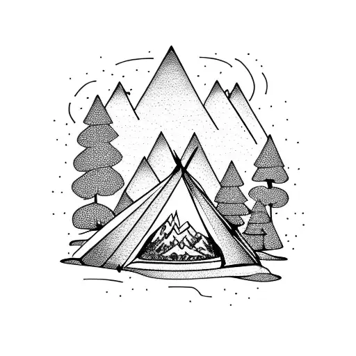 Tent With Mountain And Camp Fire
