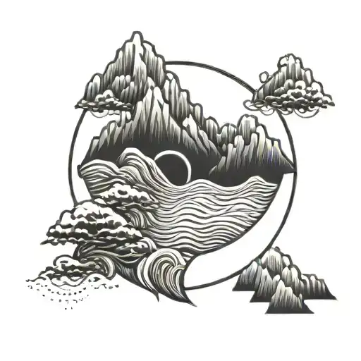 Yin Yang Symbol Incorporating Mountains And Waves