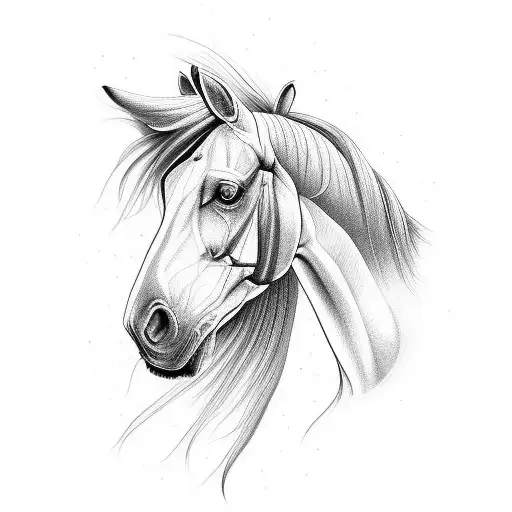An Intricate Black And Grey Portrait Of A Horse's Head