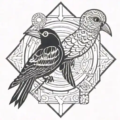 2 Birds Sitting On A Line In Aztec Sun Symbol