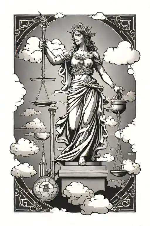 Lady Justice With Sword And Scale With Clouds Behind