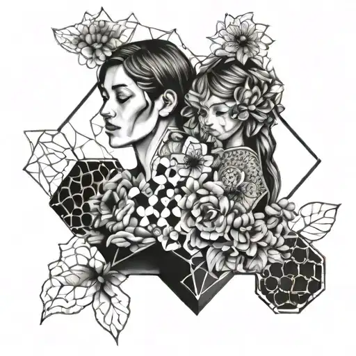 Mom And Daughter With Lots Of Flowers And A Honeycomb Pattern To Decorate The Background