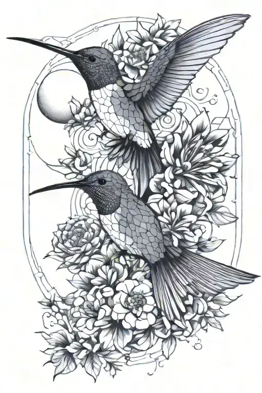 Humming Bird With Moon And Flowers