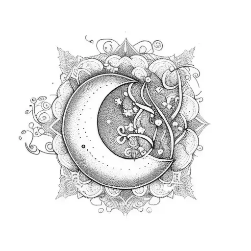 A Dreamy Dotwork Tattoo Of A Crescent Moon Surrounded By Delicate Flowers And Swirling Vines