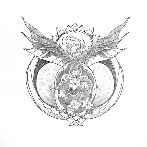 Ouroboros Dragon With Cherry Blossom Flowers