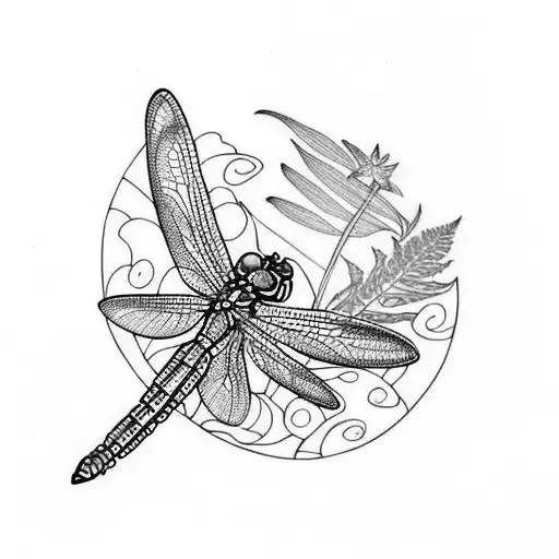 Dragonfly With Fern And Waterlilies