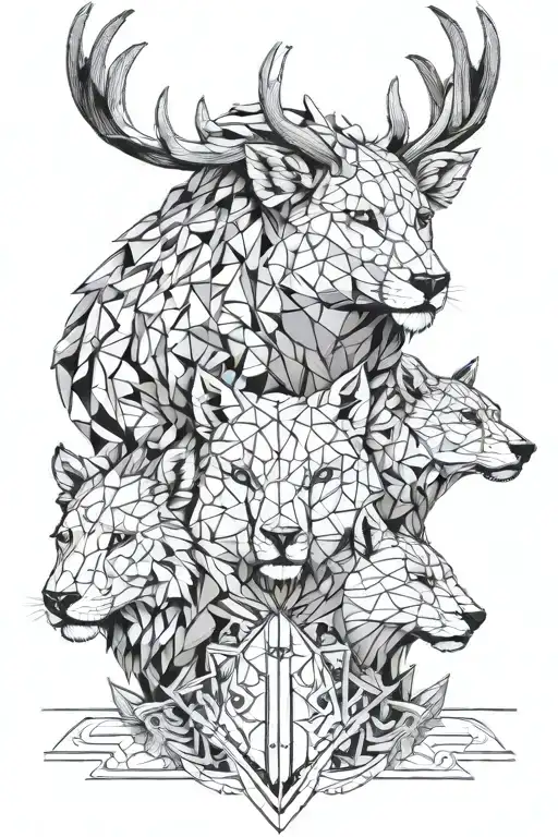 Three Heads Of Animals Up Deer In The Middle Of A Wolf And Below A Lion