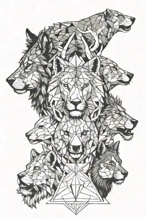 Three Heads Of Animals Up Deer In The Middle Of A Wolf And Below A Lion