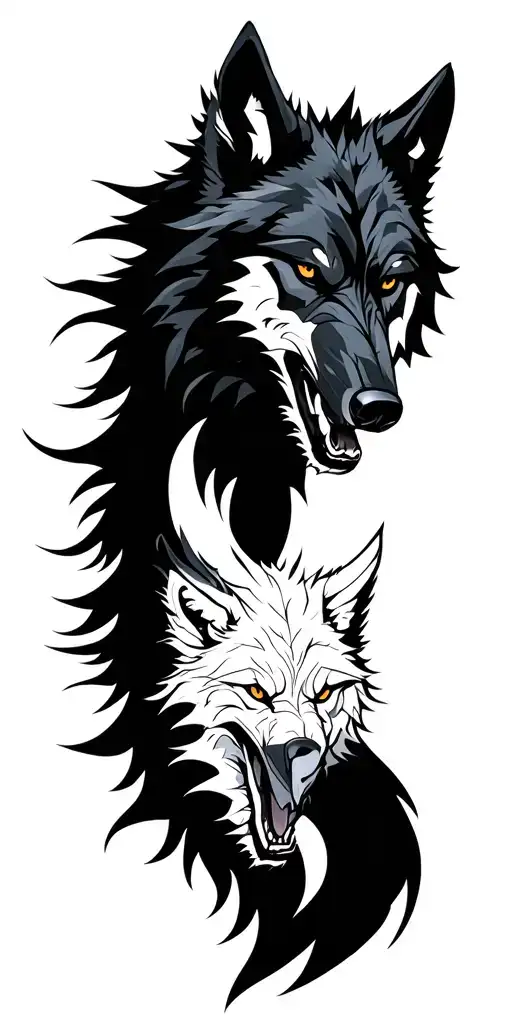 Black Wolf Fighting White Wolf Head