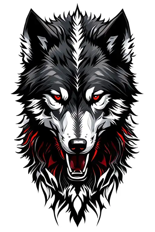 Black Wolf Fighting White Wolf Head With Red Eyes