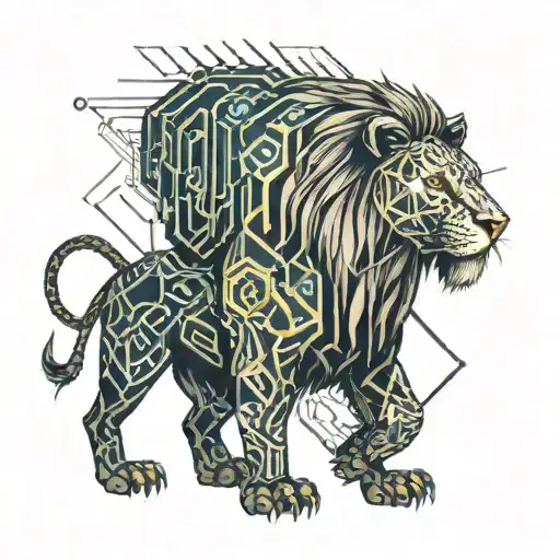 A Futuristic Cyberpunk Lion With Circuit Patterns And Glowing Eyes
