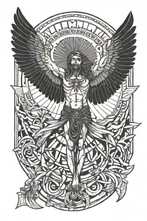 Icarus With Two Black Wings Standing And Looking Up Toward The Sun