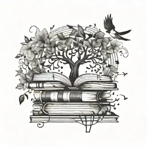 Stack Of Book Spines With Musical Notes And The Tree Of Life With A Small Swallow