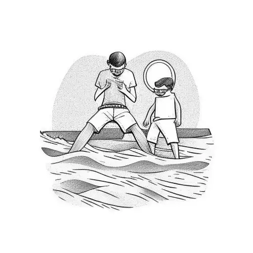 A Minimalist Tattoo Of A Father And Son Enjoying A Sunny Day At The Beach
