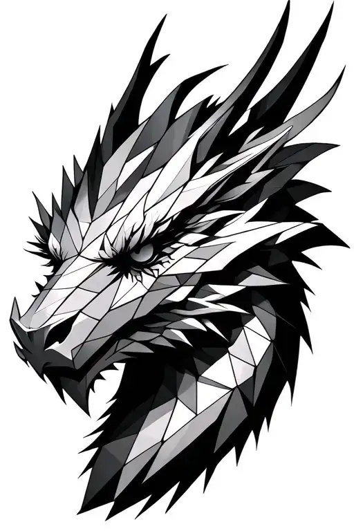 Half Geometric Half Realism Dragon Head Profile In Black And White