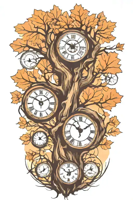 Oak Tree Branches With Three Clocks Integrated Into It For An Arm Sleeve