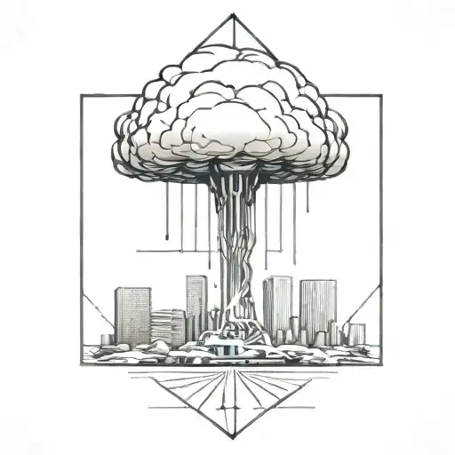 An Abstract Nuclear Explosion Mushroom Cloud Destroying A Major City In An Abstract Black Line Frame