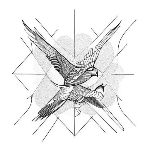 Four Bird Sitting And One Bird Starting To Fly