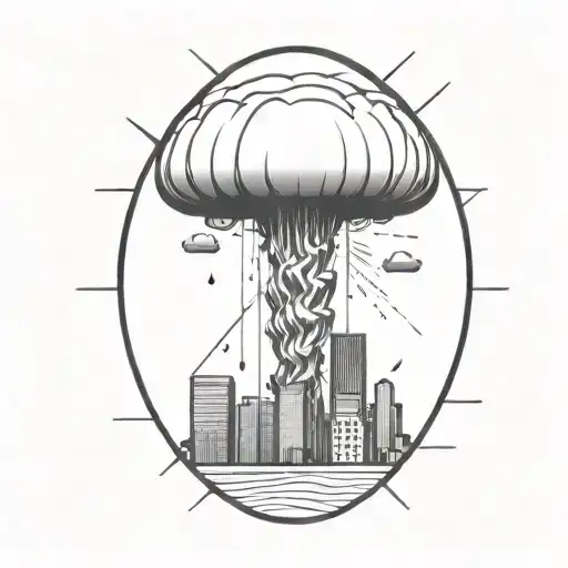 An Abstract Nuclear Explosion Mushroom Cloud Destroying A City In An Abstract Black Line Frame