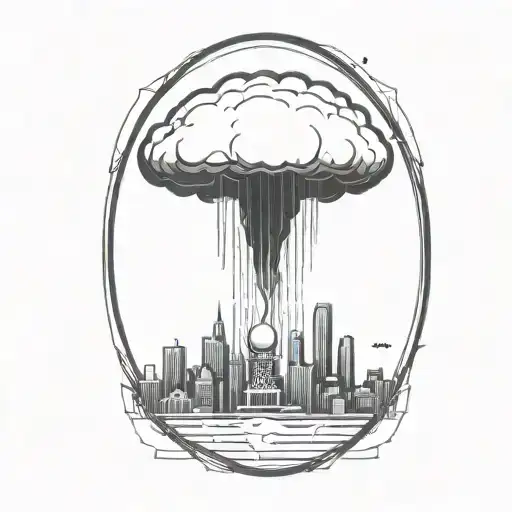 An Abstract Nuclear Explosion Mushroom Cloud Destroying A City In An Abstract Black Line Frame