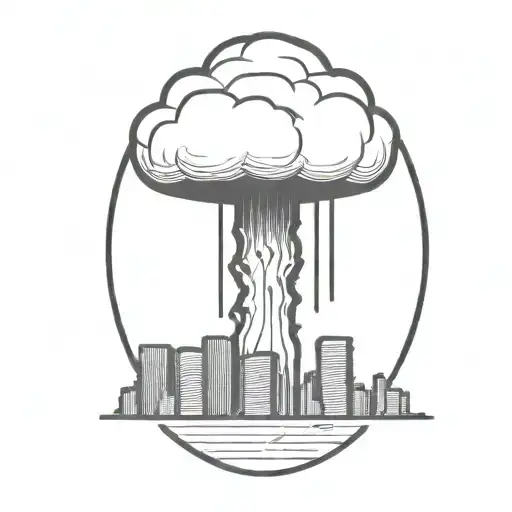 An Abstract Nuclear Explosion Mushroom Cloud Destroying A City In An Abstract Black Line Frame
