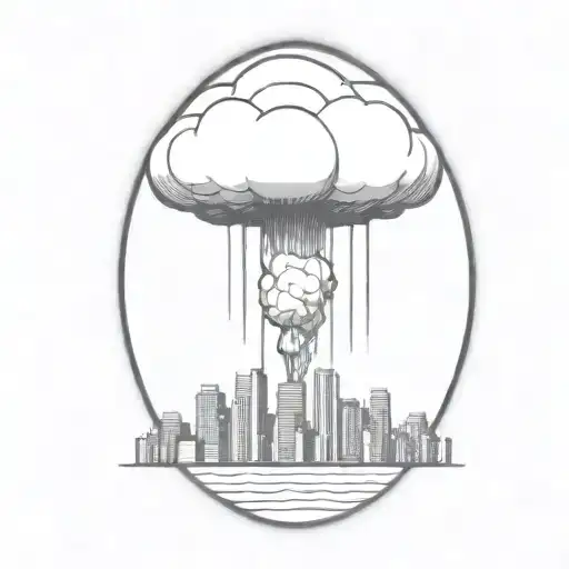 An Abstract Nuclear Explosion Mushroom Cloud Destroying A City In An Abstract Black Line Frame