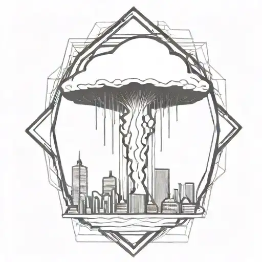 An Abstract Nuclear Explosion Mushroom Cloud Destroying A City In An Abstract Black Line Frame