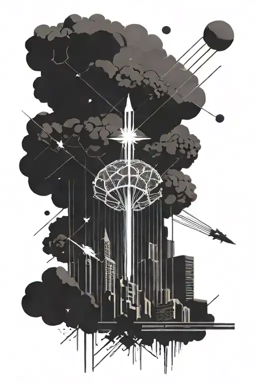 A Nuclear Explosion Mushroom Cloud Destroying A City Using Bold Black Lines And Geometric Shapes