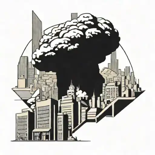 A Nuclear Explosion Mushroom Cloud Destroying A City Simple Minimalist Drawing