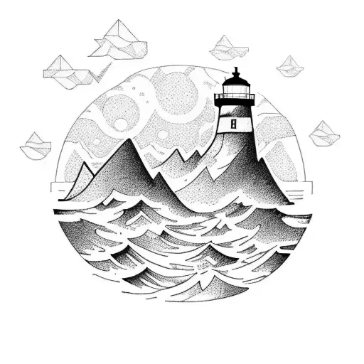 Mountain Above Ocean Below With Lighthouse