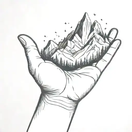 A Simple Minimalist Drawing Of A Large Mountain Being Cradled In The Palm Of A Human Hand