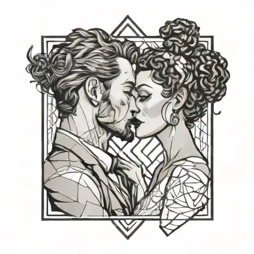 Devil Man With Bun And Curly Hair And Gentlegirl Kissing Each Other Side