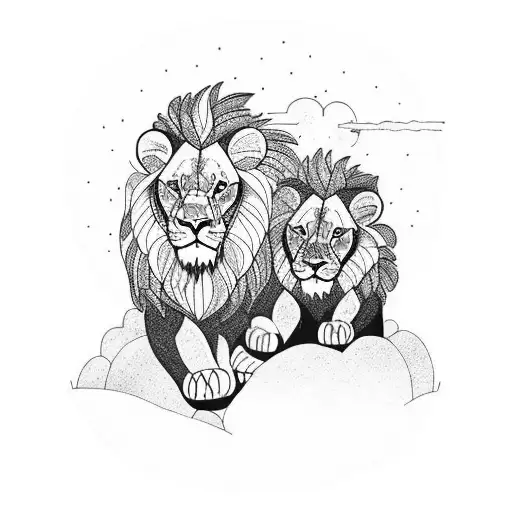 Lion With Cub In Jungle Sunset